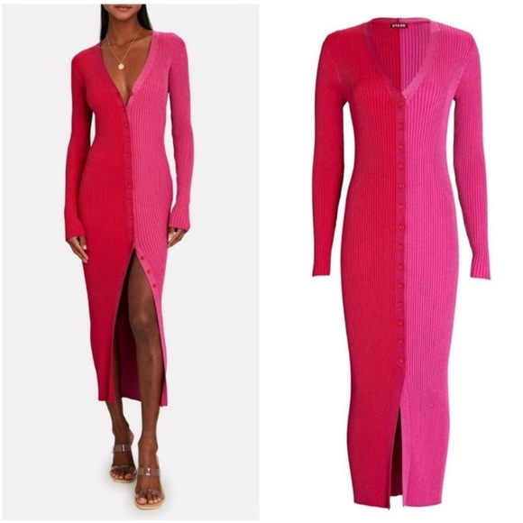 STAUD Shoko Colorblock Bodycon Sweater Dress in Lava & Peony - Picture 3 of 12